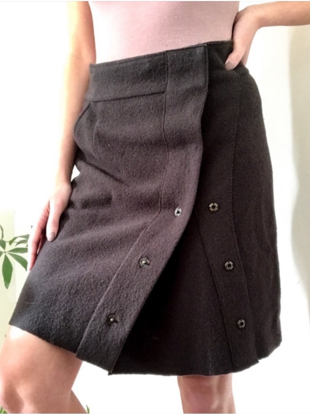 Anthropologie Sparrow Merino Wool Snap Wrap Skirt Dark Brown / Olive SZ S
